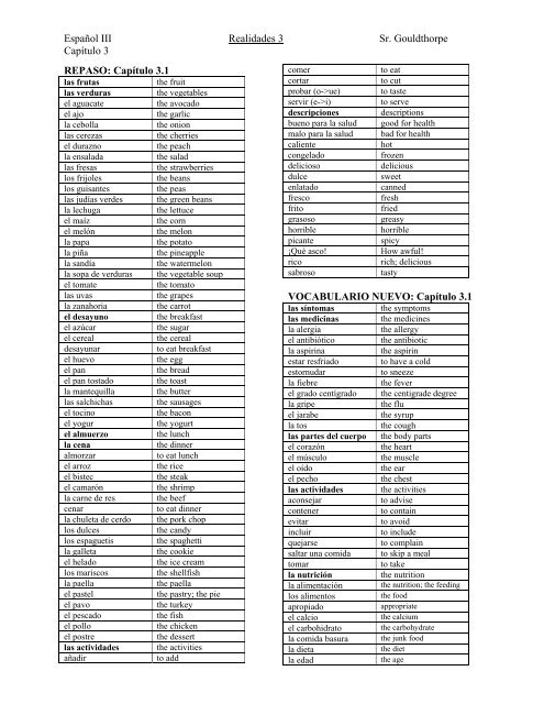 EspaÃ±ol III Realidades 3 Sr. Gouldthorpe CapÃ­tulo 3 REPASO ... - Quia