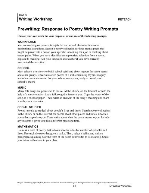 Prewriting: Response to Poetry Writing Prompts - Quia