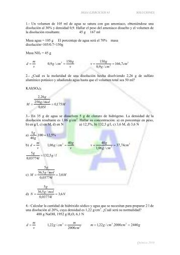 1.- Un volumen de 105 ml de agua se satura con gas ... - Quia