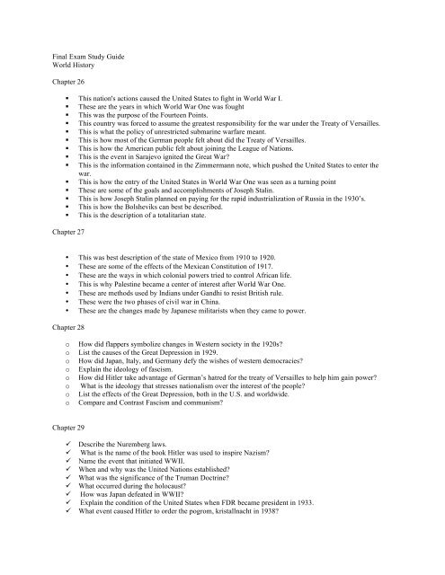 Final Exam Study Guide World History Chapter 26 This ... - Quia