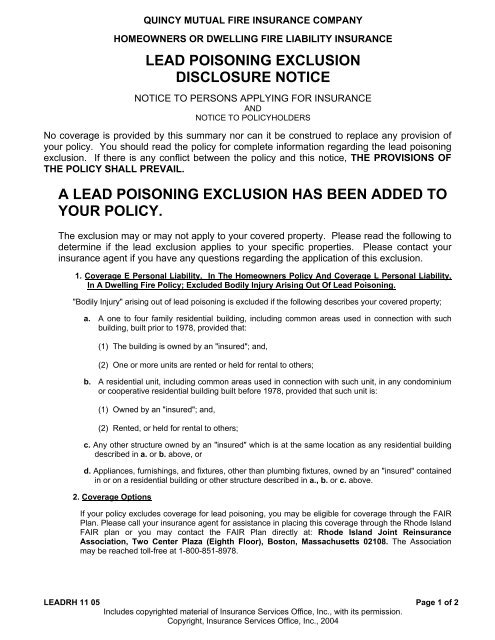 a lead poisoning exclusion has been added to - Quincy Mutual