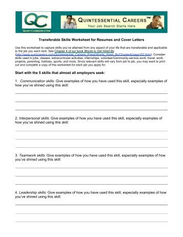 Transferable Skills Worksheet for Resumes and Cover Letters Start ...