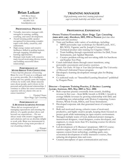 Resume for Training Manager