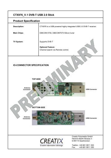 CTX976 V.1 DVB-T USB 2.0 Stick Product Specification - CREATIX