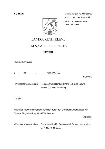 LG Kleve, Urt. v. 06.03.2009 - Bohl & Collegen RechtsanwÃ¤lte