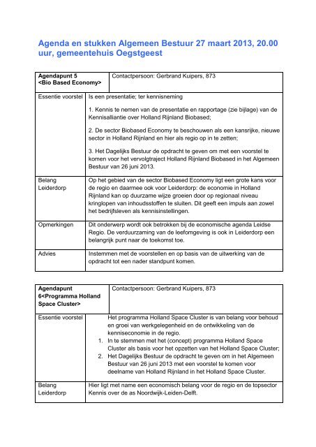 Holland Rijnland annotatie Agenda en stukken AB 27 maart 2013