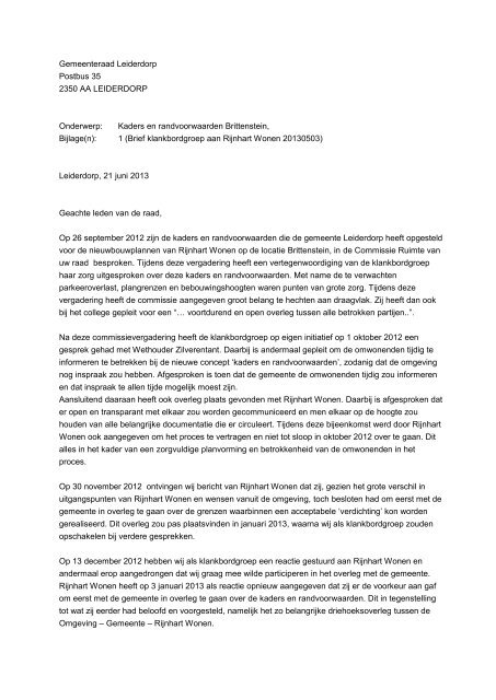 Brittenstein brief Klankbordgroep aan raad 130621 - D66 Leiderdorp