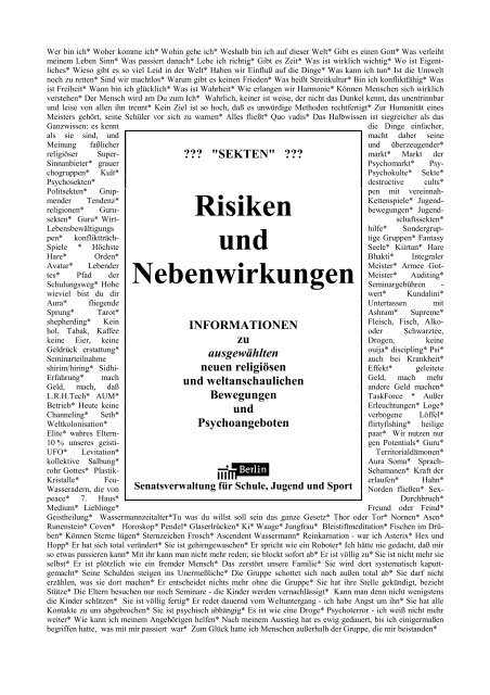 &quot;Sekten.Risiken und Nebenwirkungen&quot;, Broschüre des ... - Rabenclan