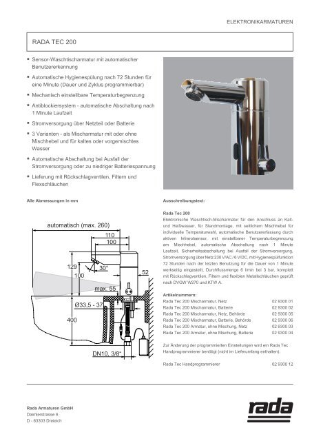 RADA TEC 200 - Rada Armaturen GmbH