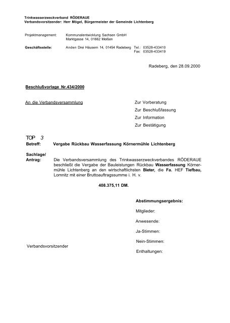 Niederschrift der TZV-Versammlung vom 28.09.2000