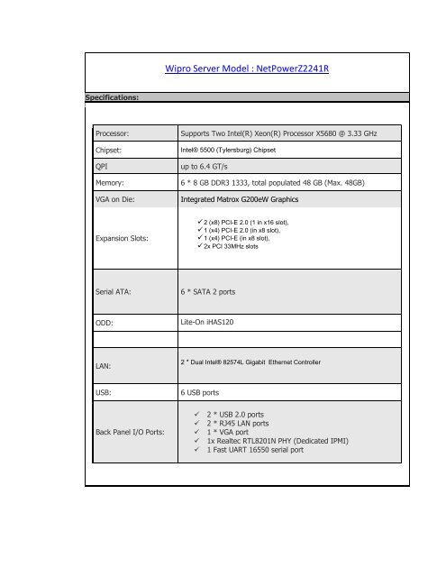 Wipro Server Model : Netpowerz2241r