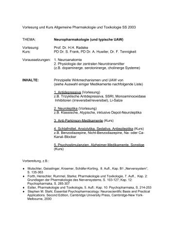 Vorlesung und Kurs Allgemeine Pharmakologie und Toxikologie SS ...