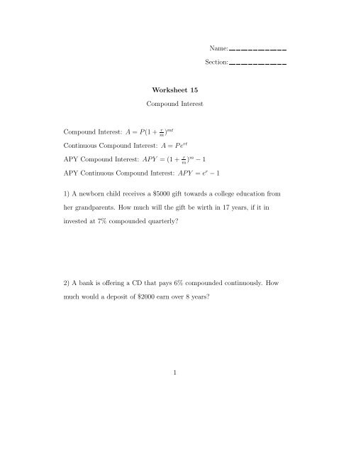 Name: Section: Worksheet 15 Compound Interest Compound ...