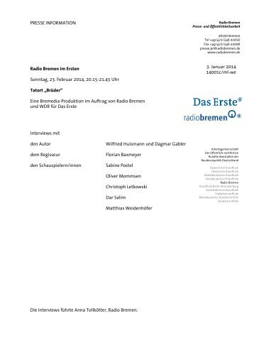 Tatort "BrÃ¼der" - Interviews [PDF, 126 Kb] - Radio Bremen