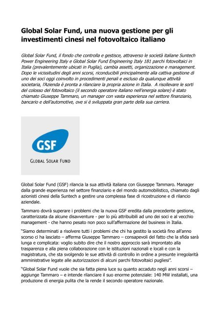 Global Solar Fund (GSF) rilancia la sua attività italiana con Giuseppe Tammaro