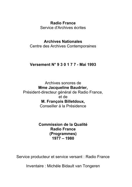 Versement Archives nationales nÂ°19930177 - Radio France