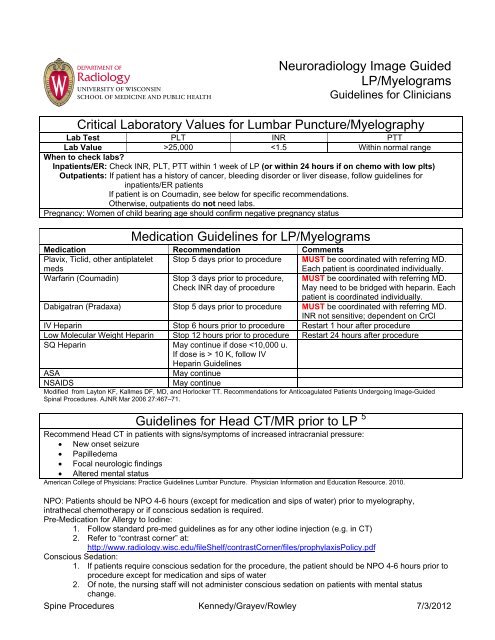 Critical Laboratory Values for Lumbar Puncture/Myelography