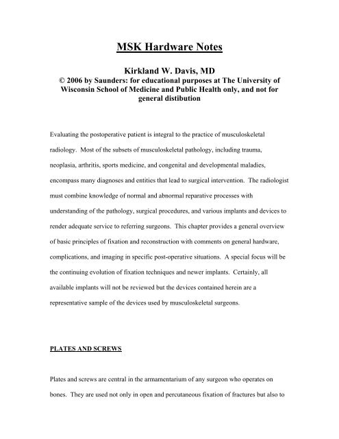 MSK Hardware Notes â Kirkland W. Davis, MD