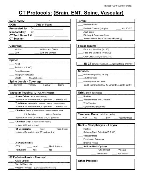 CT Protocols: (Brain, ENT, Spine, Vascular) - Department of Radiology