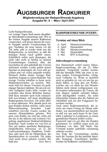 Nr. 8: MÃ¤rz/April 2001 - Radsportfreunde Augsburg eV