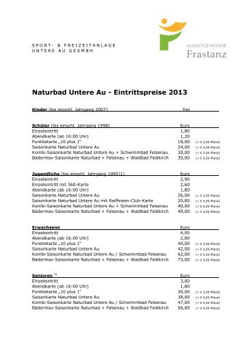 Naturbad Untere Au - Eintrittspreise 2013 - Frastanz