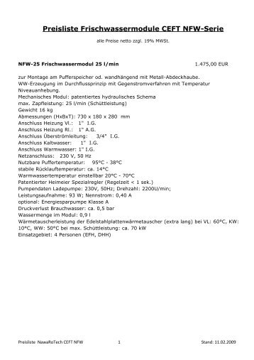 Preisliste Frischwassermodule CEFT NFW-Serie
