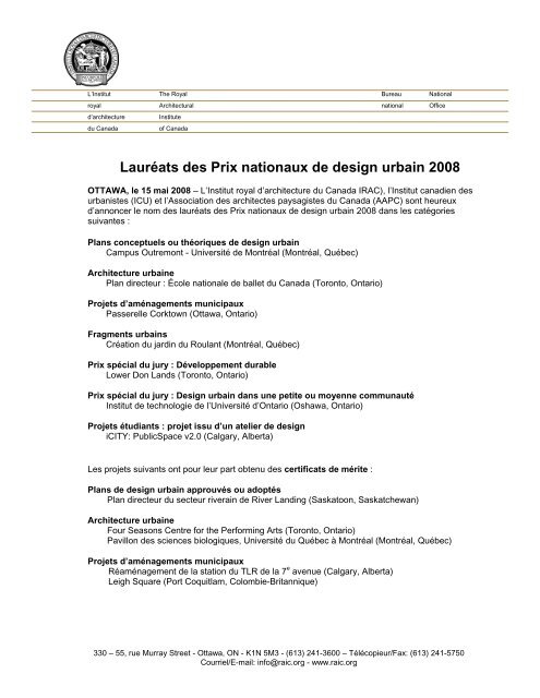 LaurÃ©ats des Prix nationaux de design urbain 2008 - Royal ...