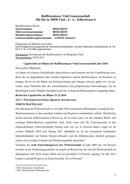 Raiffeisenkasse Vintl Genossenschaft Mit Sitz in 39030 Vintl - J.- A ...