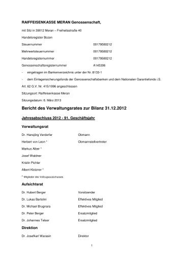 Bericht des Verwaltungsrates zur Bilanz 31.12.2012 - Raiffeisen