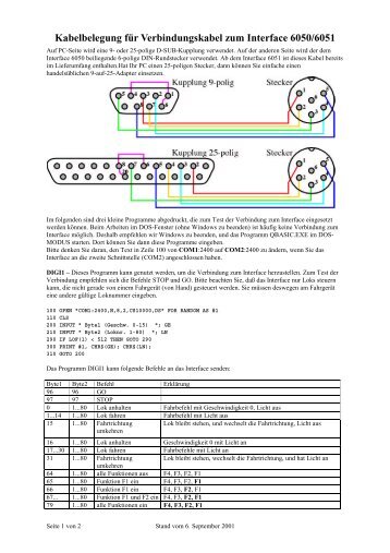 Kabelbelegung fÃ¼r Verbindungskabel zum Interface 6050/6051 ...