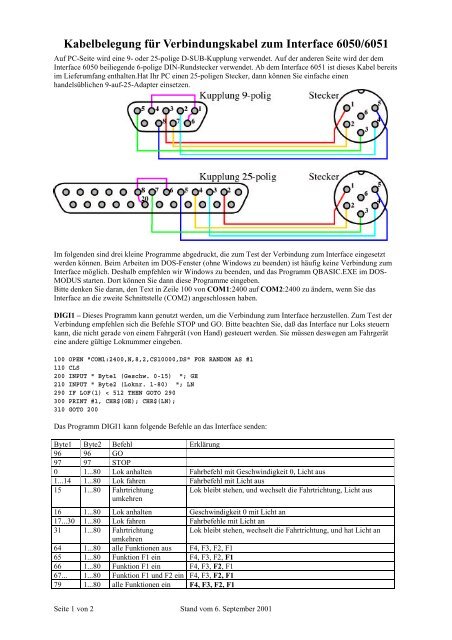 Kabelbelegung fÃ¼r Verbindungskabel zum Interface 6050/6051 ...