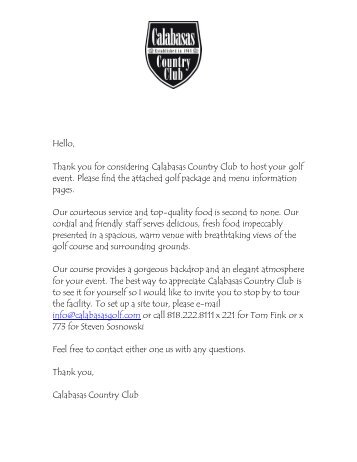 Calabasas Country Club Golf Outing Menu & Information - Golf Fusion