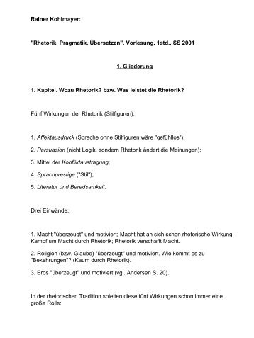 Rhetorik, Pragmatik, Übersetzen". Vorlesung ... - Rainer Kohlmayer