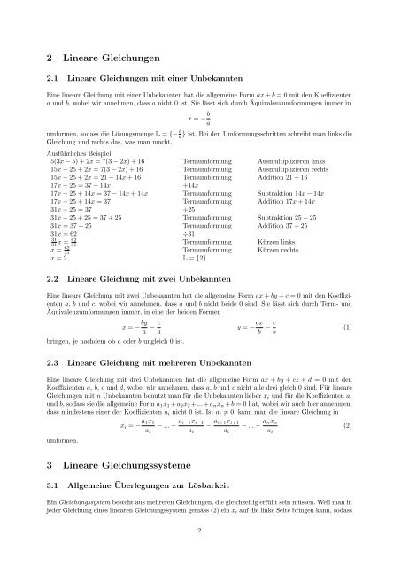 Lineare Gleichungen und Gleichungssysteme - Rainer Hauser