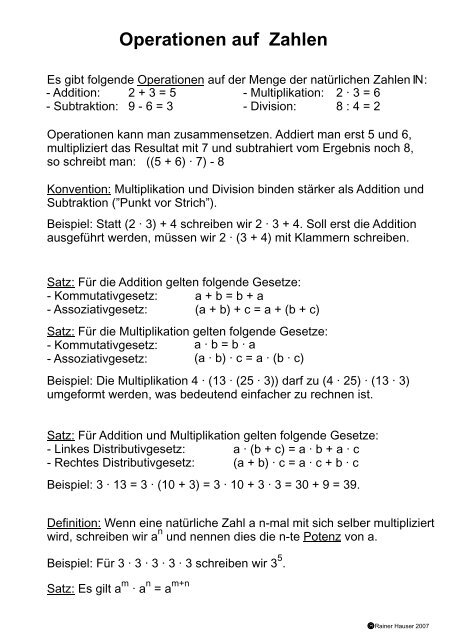 Operationen Auf Zahlen Rainer Hauser