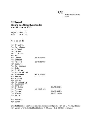 Protokoll und Tagesordnung der Vorstandssitzung am 09.01.2013