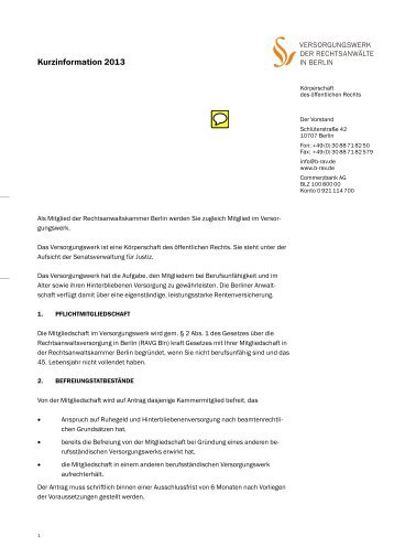 Kurzinformation des Versorgungswerks Berlin 2013 | PDF