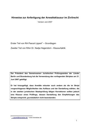 Hinweise zur Anfertigung der Anwaltsklausur im Zivilrecht
