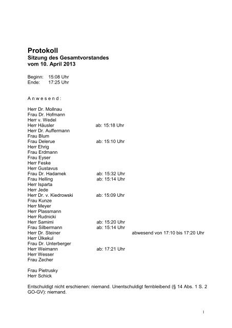 Protokoll und Tagesordnung der Vorstandssitzung am 10.04.2013