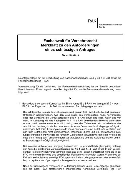 Fachanwalt fÃ¼r Verkehrsrecht | PDF - Rechtsanwaltskammer Berlin
