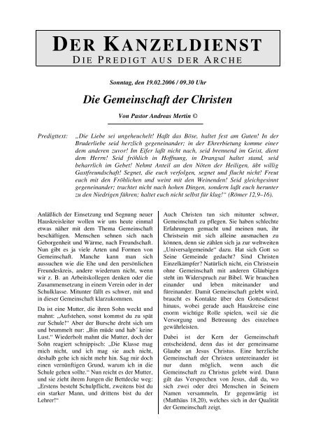 DER KANZELDIENST - Gemeinde und Missionswerk ARCHE