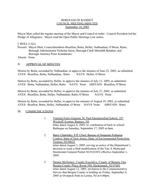 BOROUGH OF RAMSEY COUNCIL MEETING MINUTES September ...