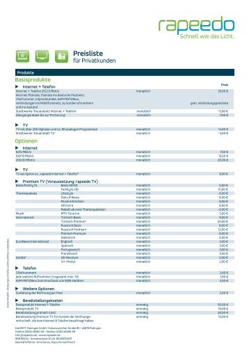 Aktuelle Preisliste Ratingen - rapeedo