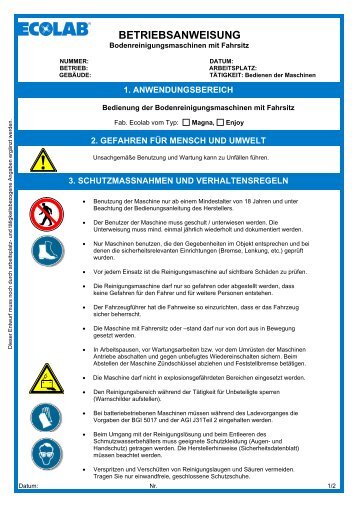 Betriebsanweisung - Bodenreinigungsmaschinen mit Fahrsitz