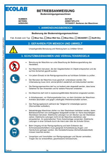 Betriebsanweisung - Bodenreinigungsmaschinen klein