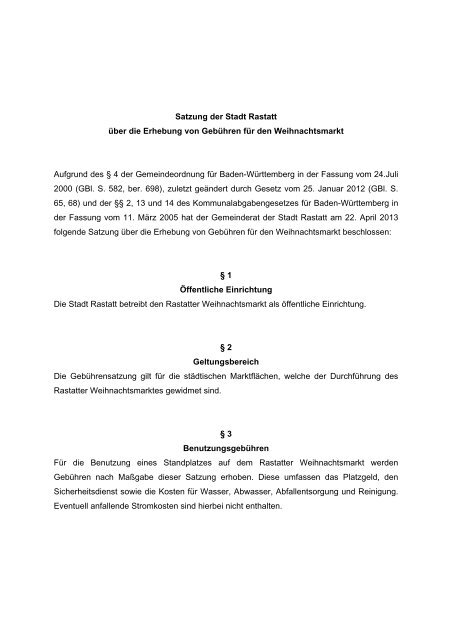 Satzung der Stadt Rastatt über die Erhebung von Gebühren für den ...