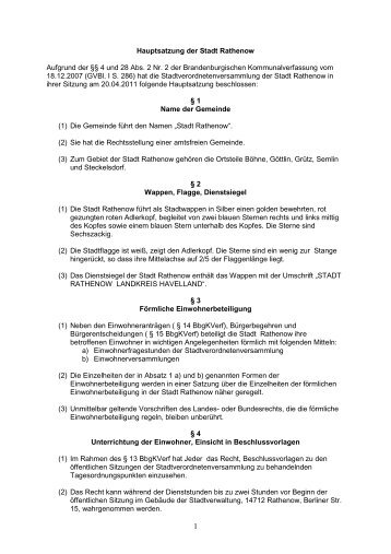 Hauptsatzung der Stadt Rathenow Aufgrund der Â§Â§ 4 und 28 Abs. 2 ...