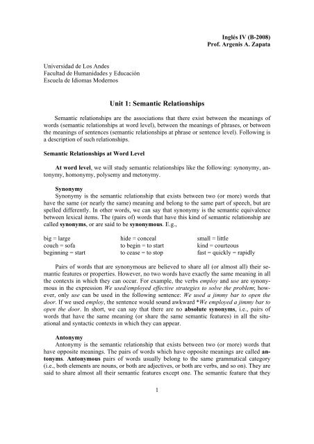 Unit 1 Semantic Relationships Web Del Profesor