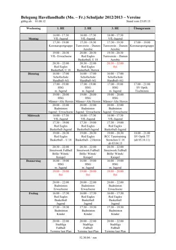 Wochen-Trainingsplan der Vereine-Schuljahr 2012 /2013