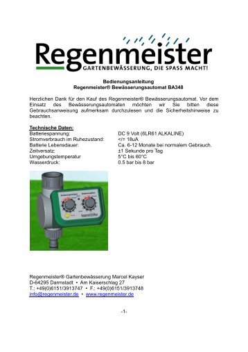 Bewässerungsautomat BA348 Gebrauchsanweisung - Regenmeister